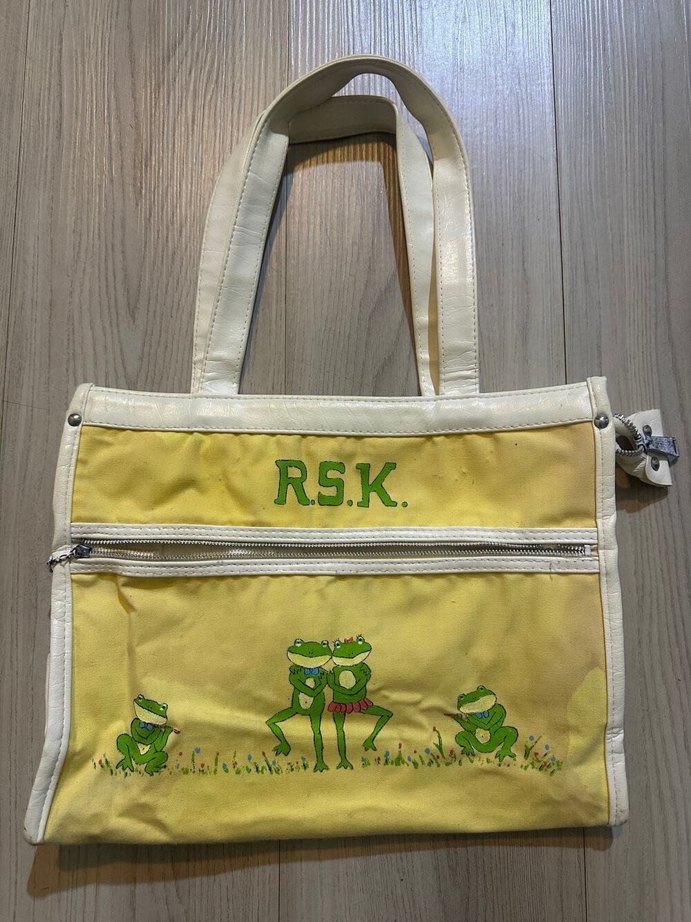 Vintage Victoria Bags Yellow Canvas Tote Frog Print Zipper Pocket Monogram RSK